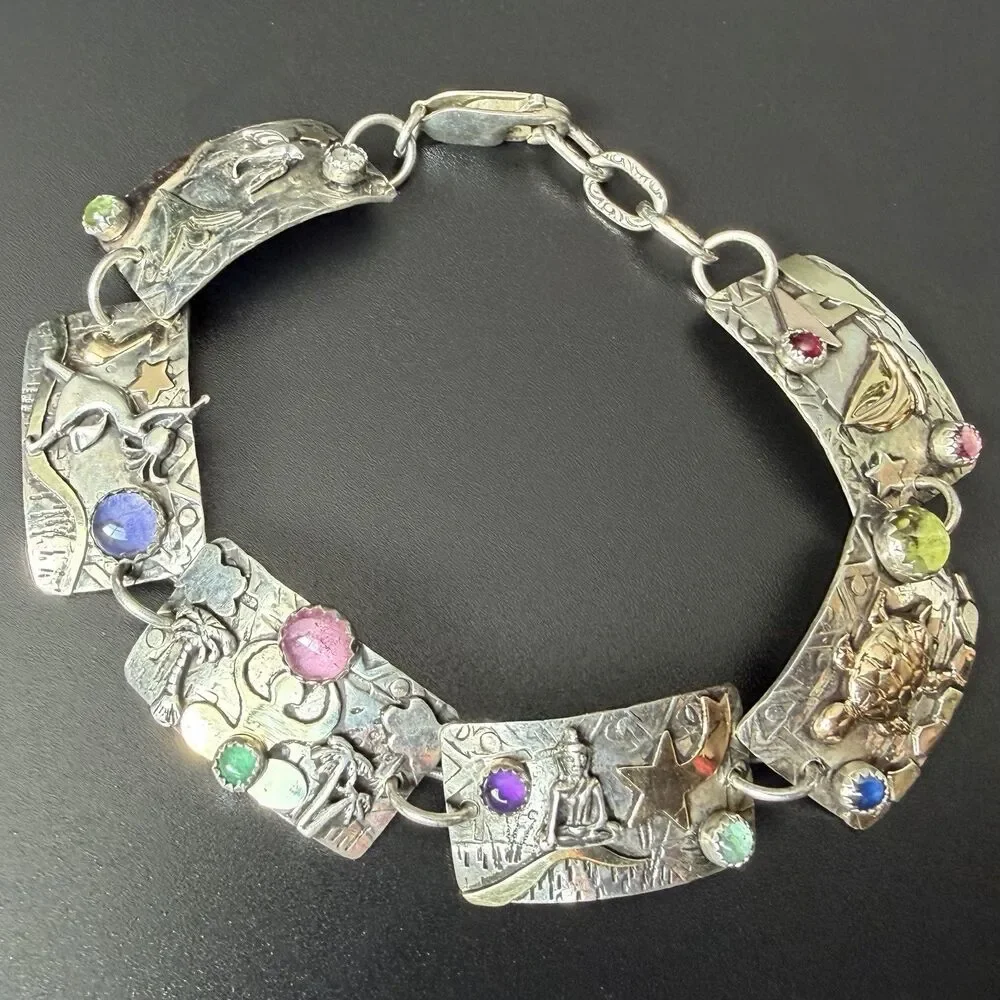 Vintage Handmade Artisan Panel Link Bracelet 925 Sterling Silver 14K Gold & Gems